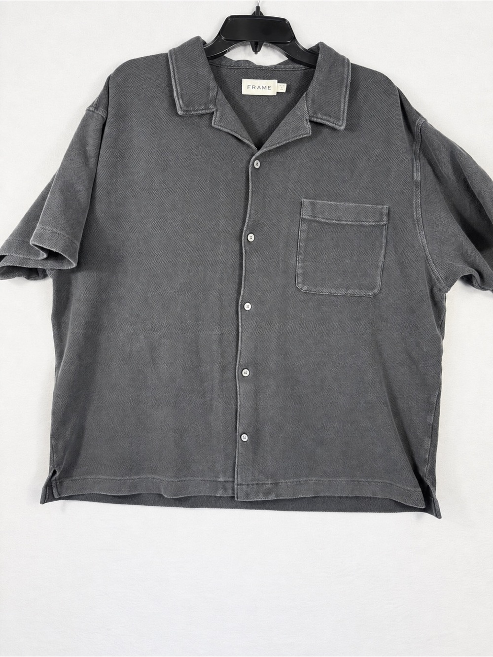 Frame Washed black heavy Pique knit Short-Sleeve Button-Up Shirt.